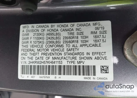 2019 Honda Cr-V Ex из США, поврежденный, VIN 2HKRW2H57KH641153